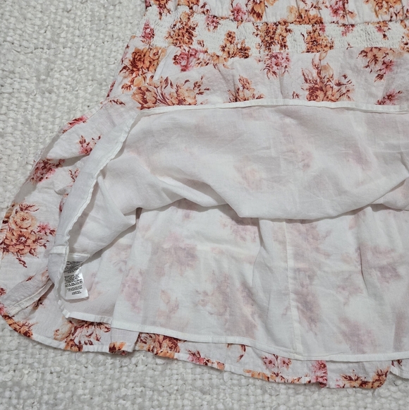 LOFT Floral Smocked Waist Tiered Dress Size Large White Orange Ruffle Cap Sleeve - Picture 9 of 14